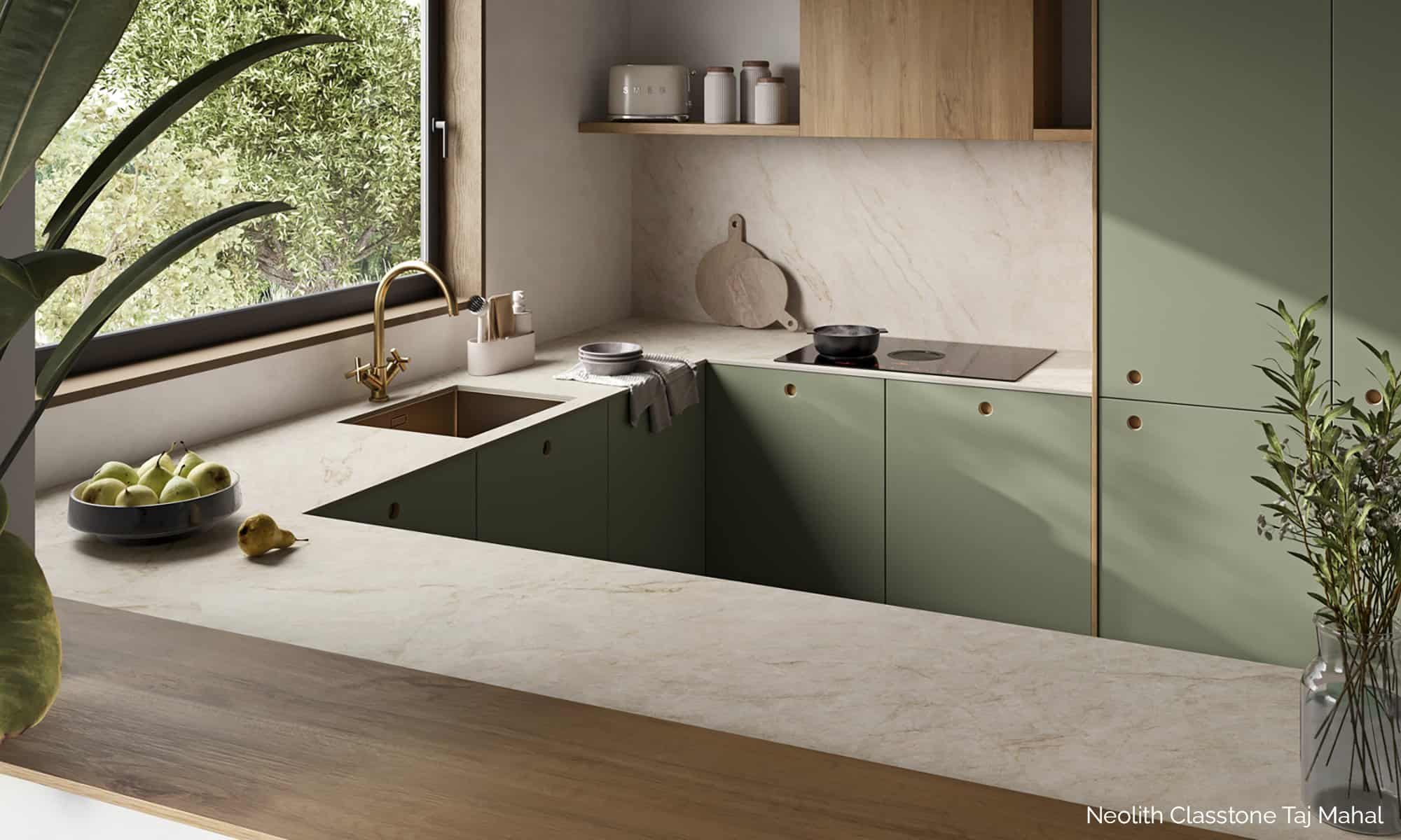 Evolv Surfaces Neolith Taj Mahal Kitchen Countertops Slabs
